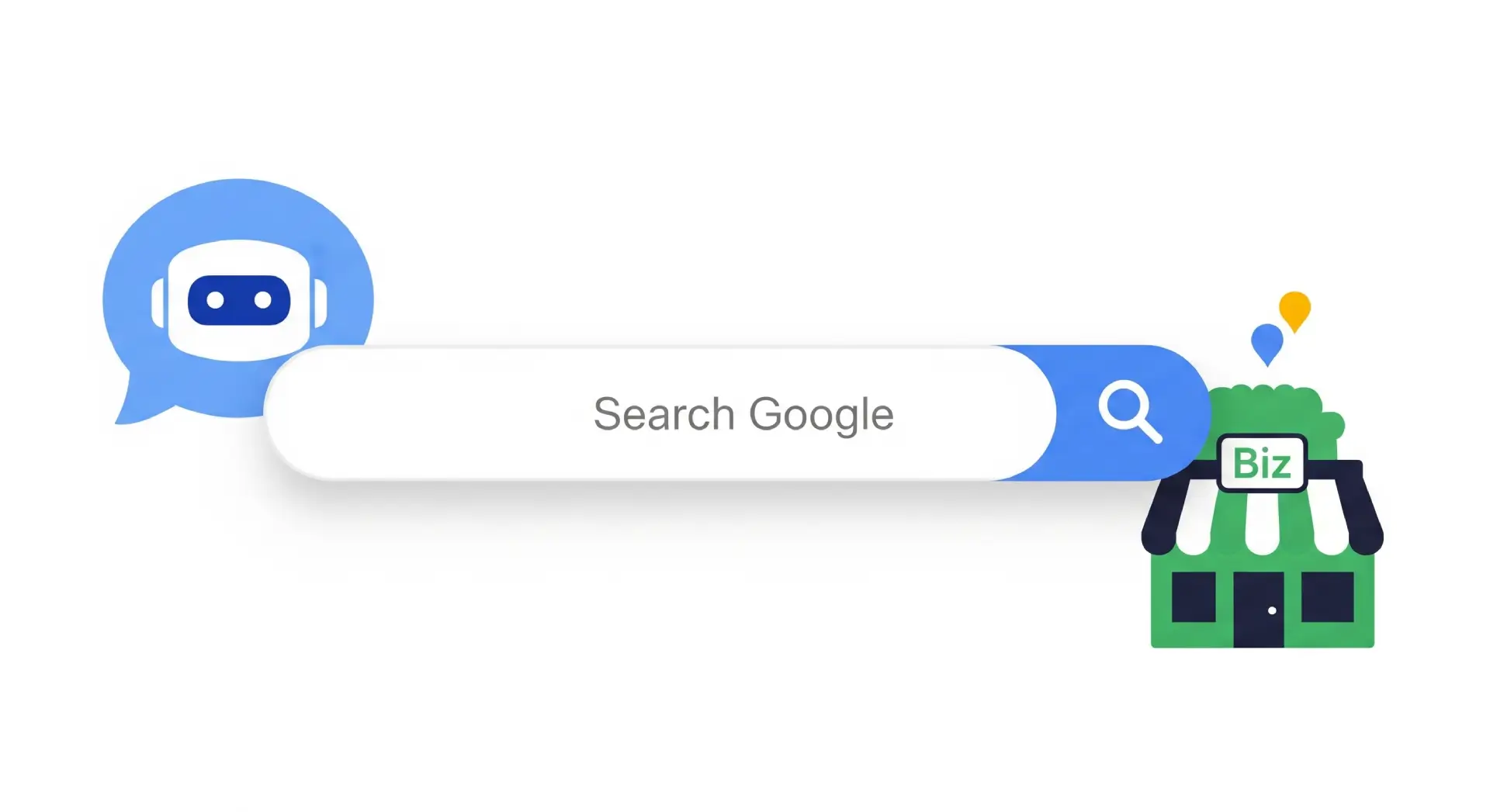 Small Business SEO and AI Chatbot Visibility A minimalist illustration showing the connection between a small business, Google Search, and an AI chatbot. Arrows flow from a stylized storefront to a central Google search bar, and from the search bar to a chatbot icon, demonstrating how content and SEO efforts impact both traditional search and AI-driven information retrieval.