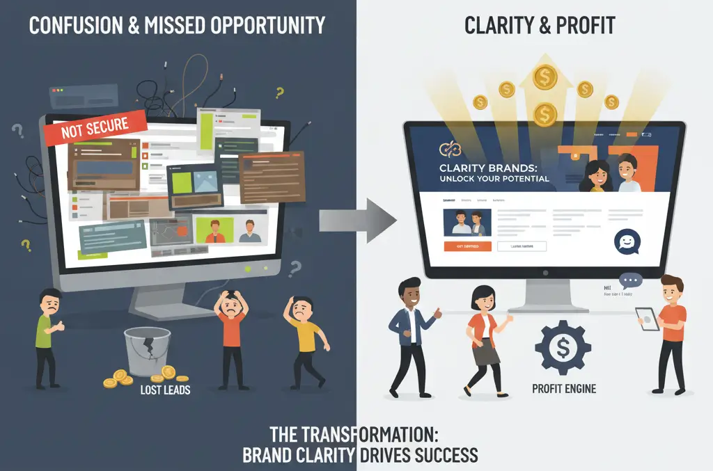 Brand Voice Clarity Blog Post Website transformation showing a confusing, 'not secure' site losing leads vs. a clear, branded site generating profit and automated leads.